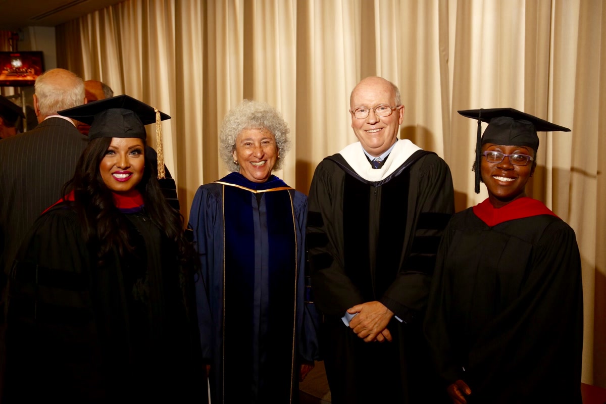 Commencement Speaker Kat Mateo with Marion Nestle, Bill Macaulay and alumnae
