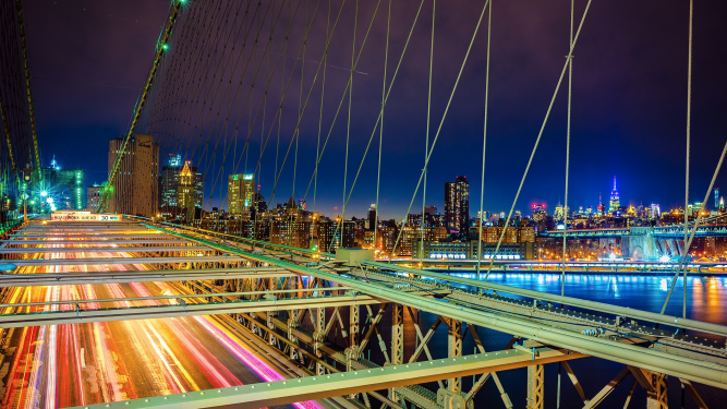 Photo of New York skyline from the Brooklyn Bridge
