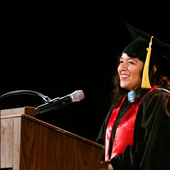 Cynthia Perez Beltethon ’14 (Hunter) addresses the Class of 2019 at Commencement.